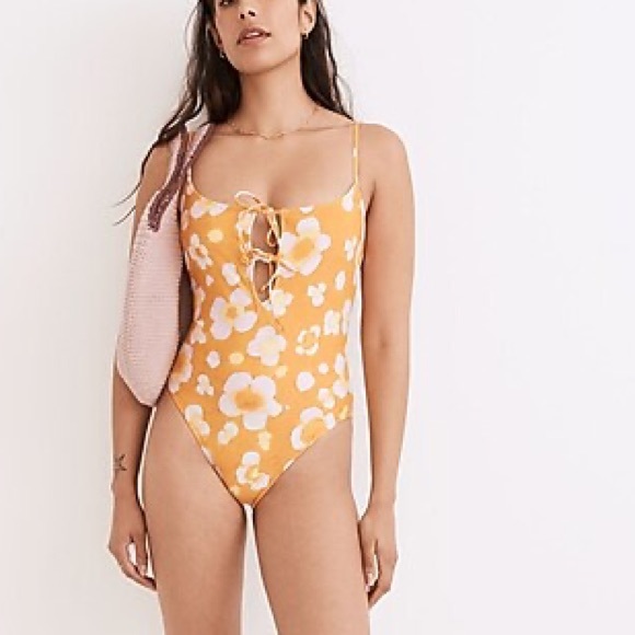Madewell Medium Swimsuit Second Wave Tie-Front Watercolor Floral One-Piece NWT